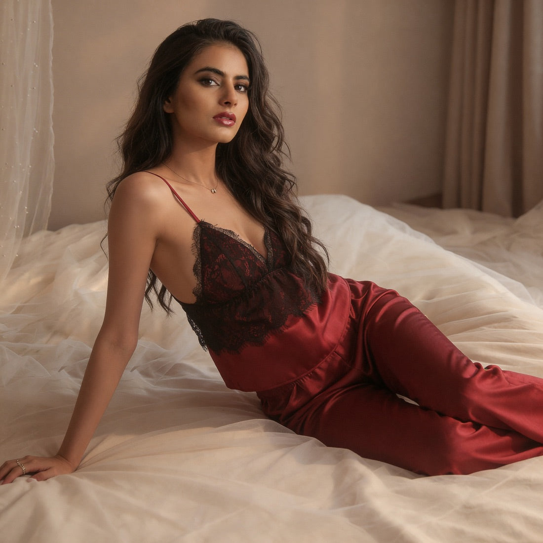 Noir Lace Satin Lounge Set Night Dress