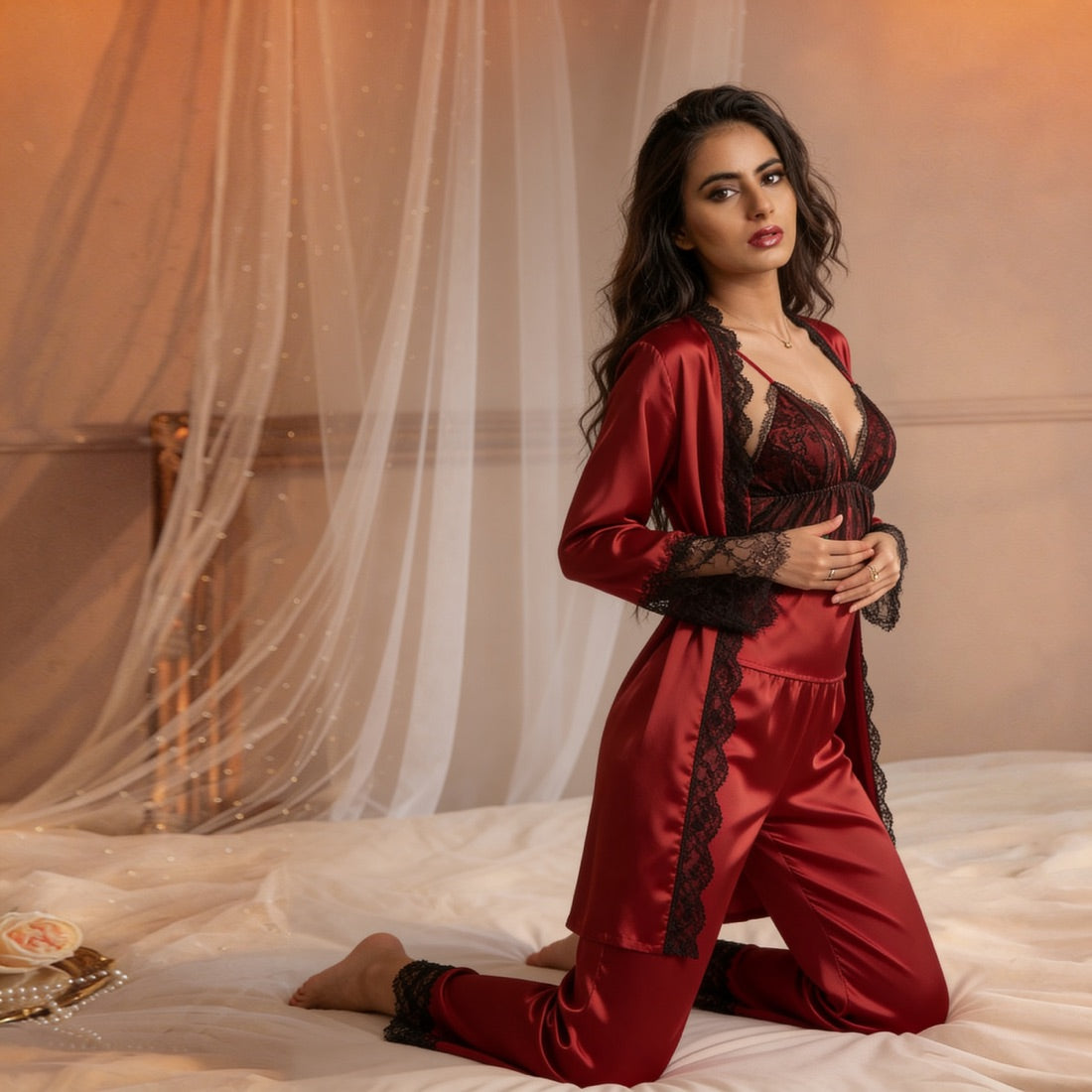 Noir Lace Satin Lounge Set Night Dress