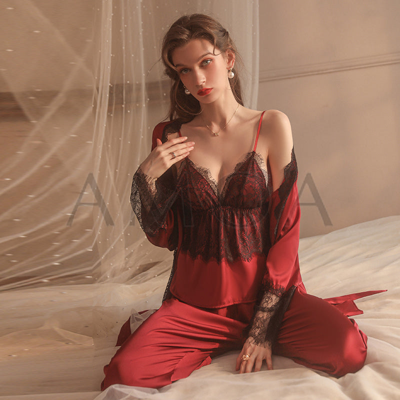 Noir Lace Satin Lounge Set Night Dress